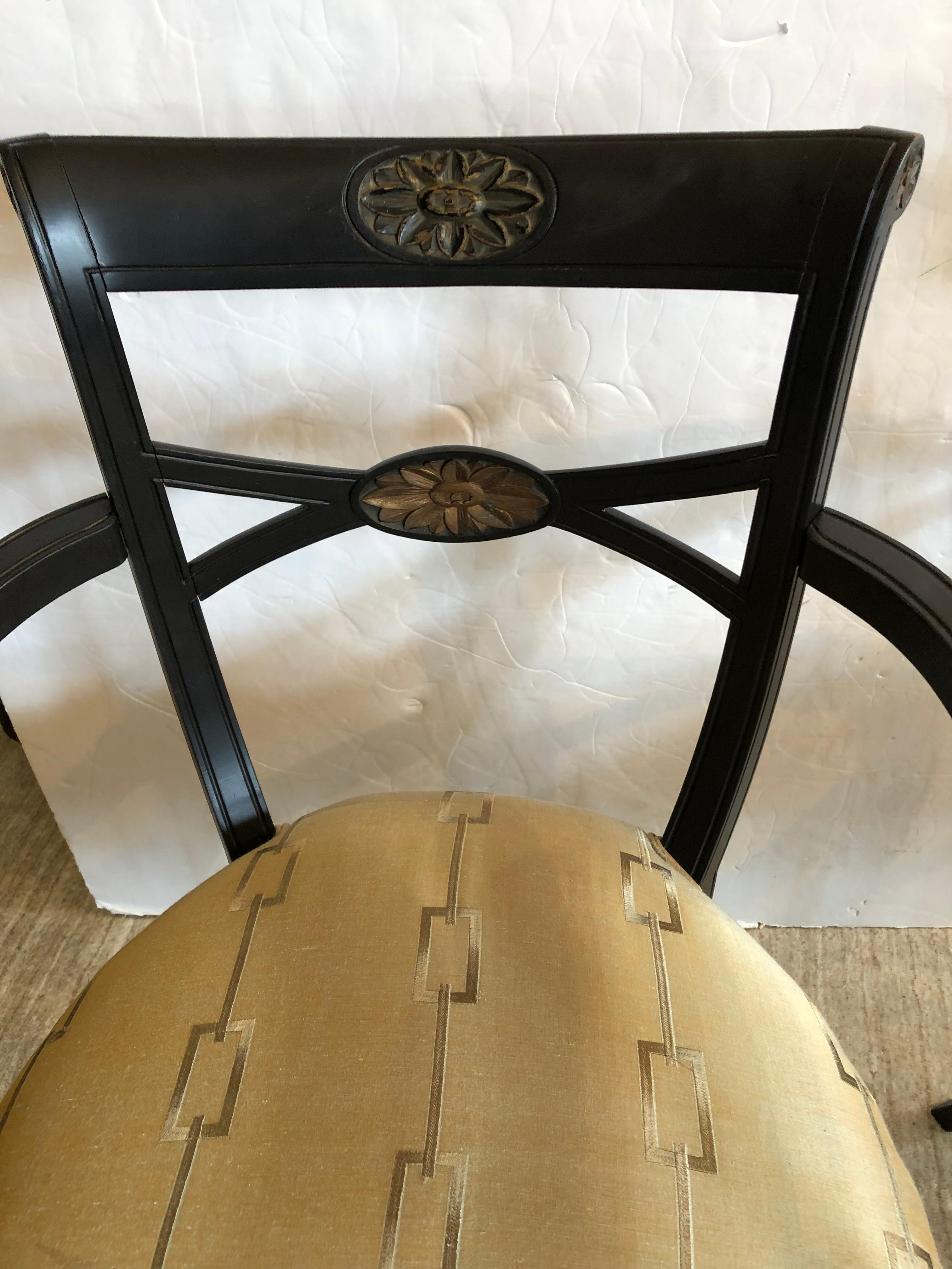 Upholstery Maison Jansen Style Ebonized & Upholstered Armchairs