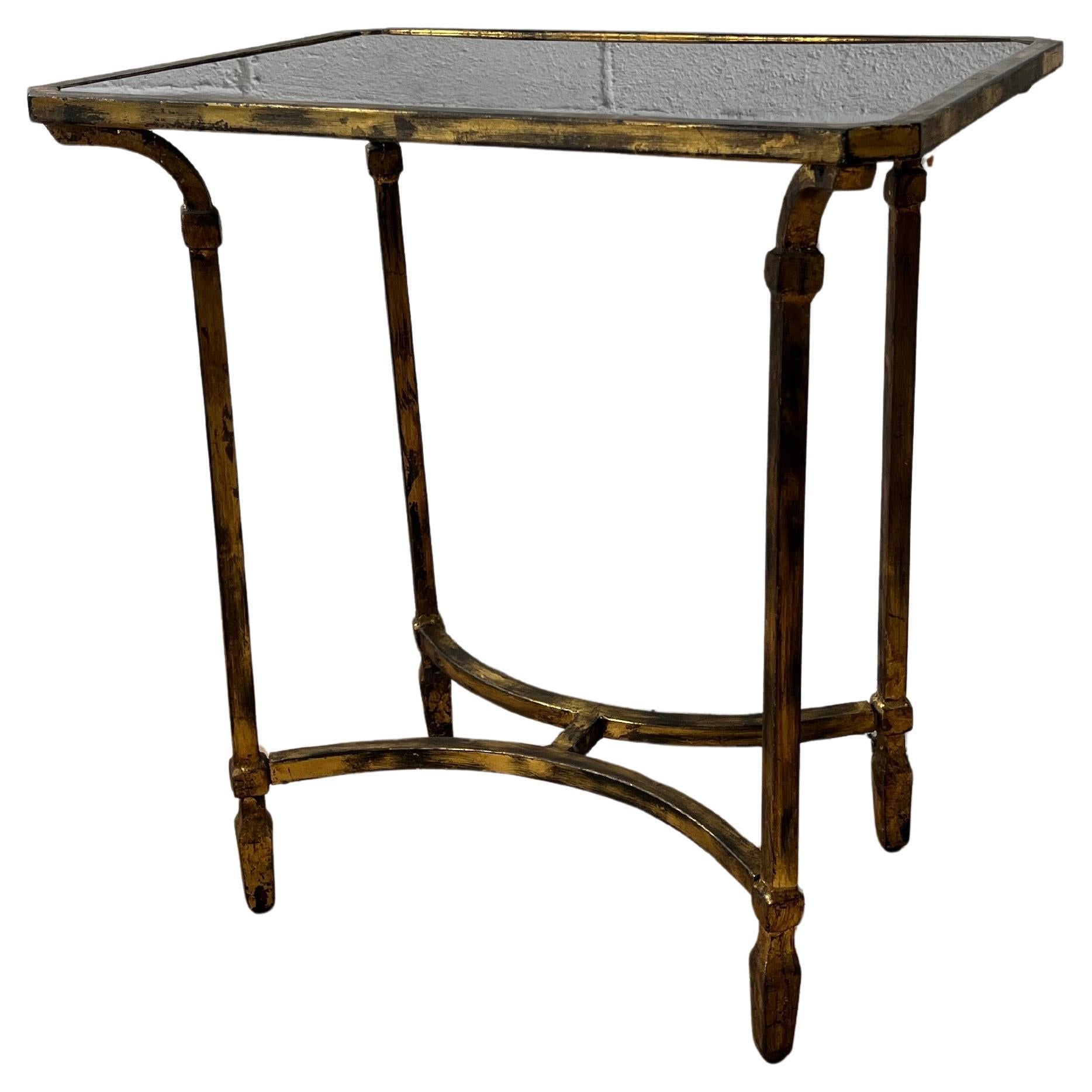 Maison Jansen Style Faux Bamboo Brass and Glass Side Table, Hollywood Regency