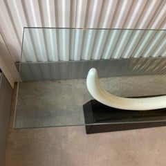 Maison Jansen Style Faux Ivory Tusk Mounted on Lacquered Base With Glass Top Con