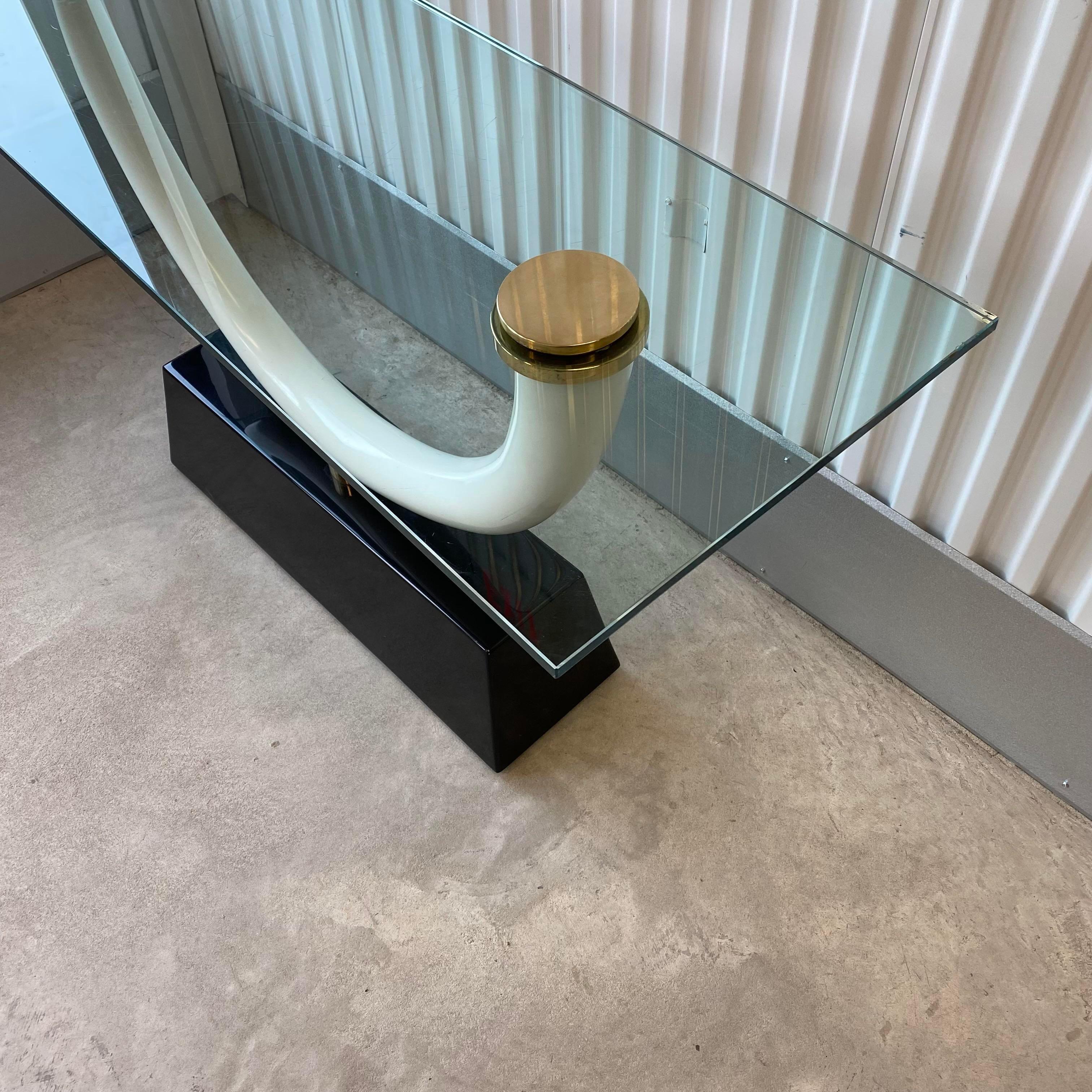 Hollywood Regency Maison Jansen Style Faux Ivory Tusk Mounted on Lacquered Base With Glass Top Con For Sale
