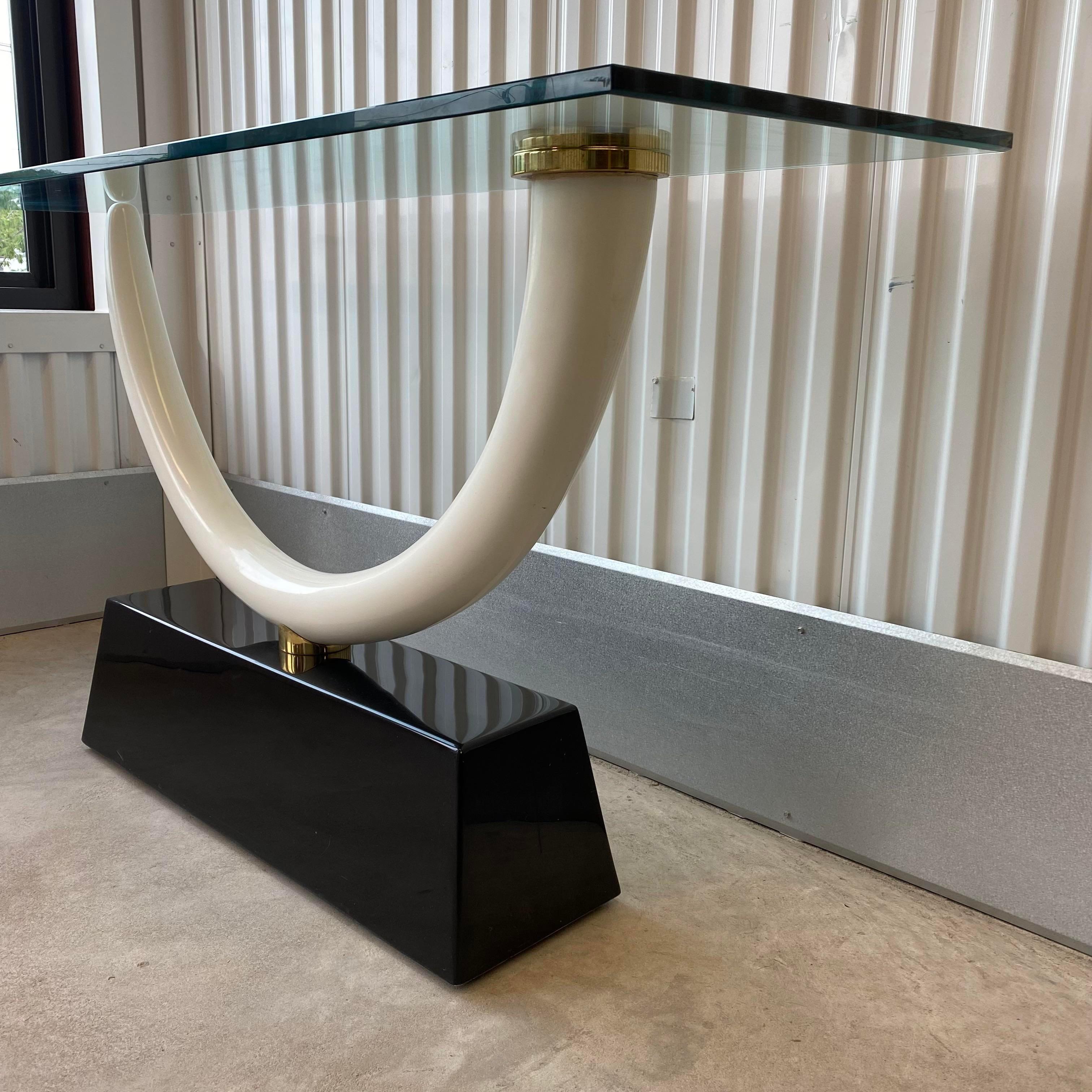 Unknown Maison Jansen Style Faux Ivory Tusk Mounted on Lacquered Base With Glass Top Con For Sale