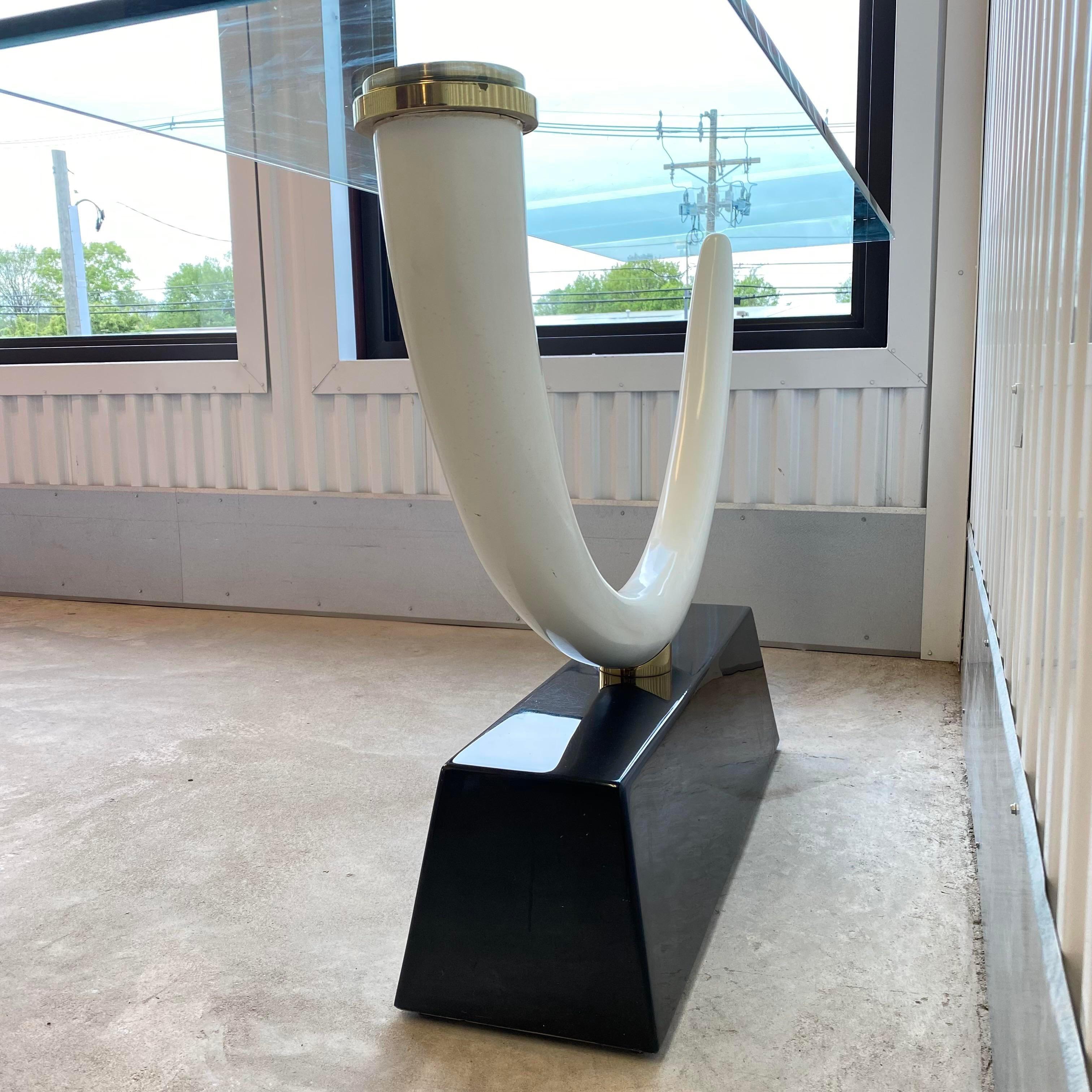 Brass Maison Jansen Style Faux Ivory Tusk Mounted on Lacquered Base With Glass Top Con For Sale