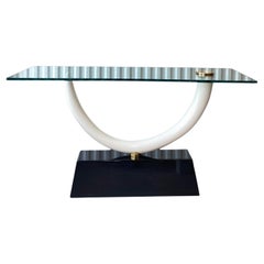 Vintage Maison Jansen Style Faux Ivory Tusk Mounted on Lacquered Base With Glass Top Con