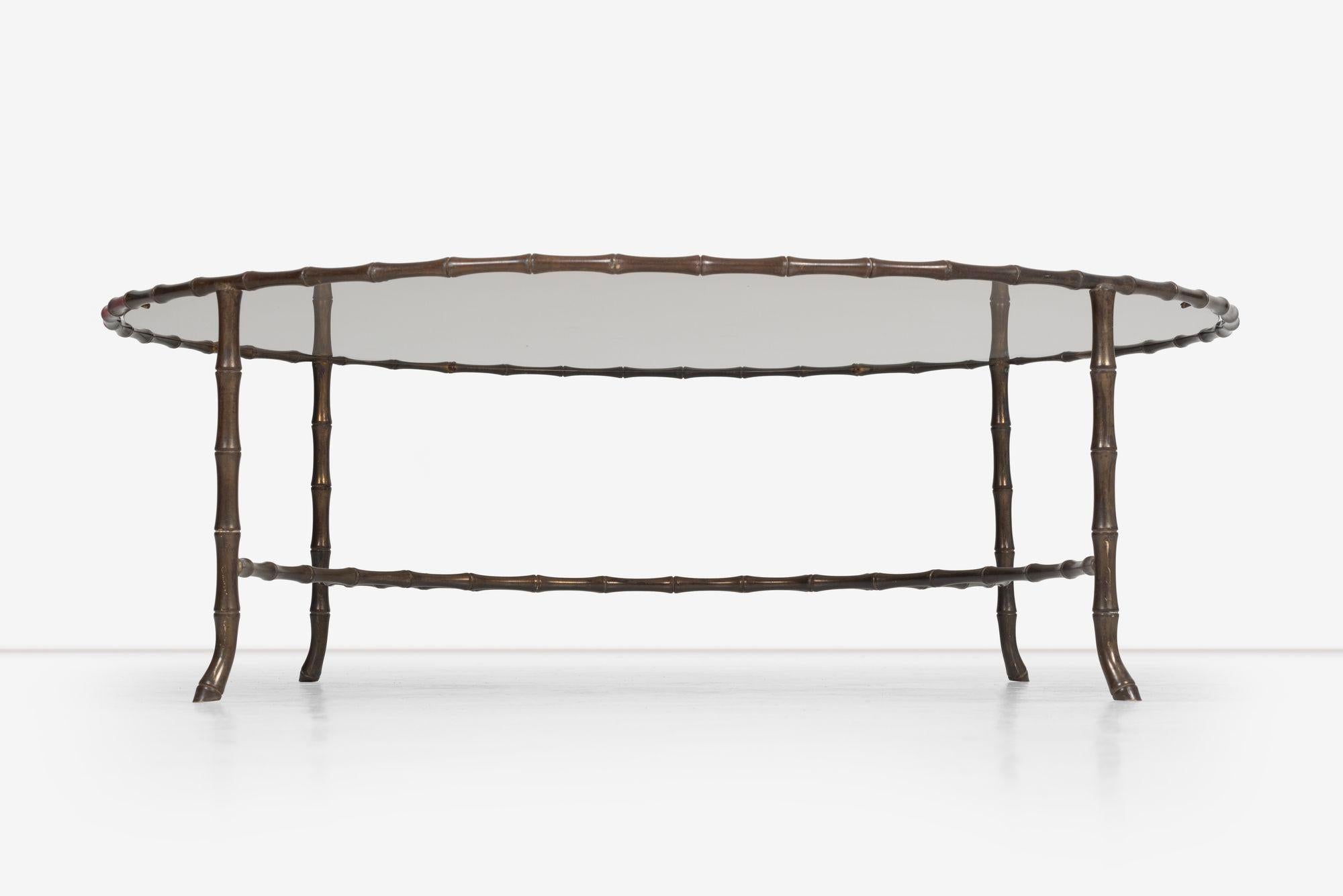 Maison Jansen Style Faux Metal Bamboo Round Cocktail Table, Bronze base with half circle supports and hooved feet inset 1/2