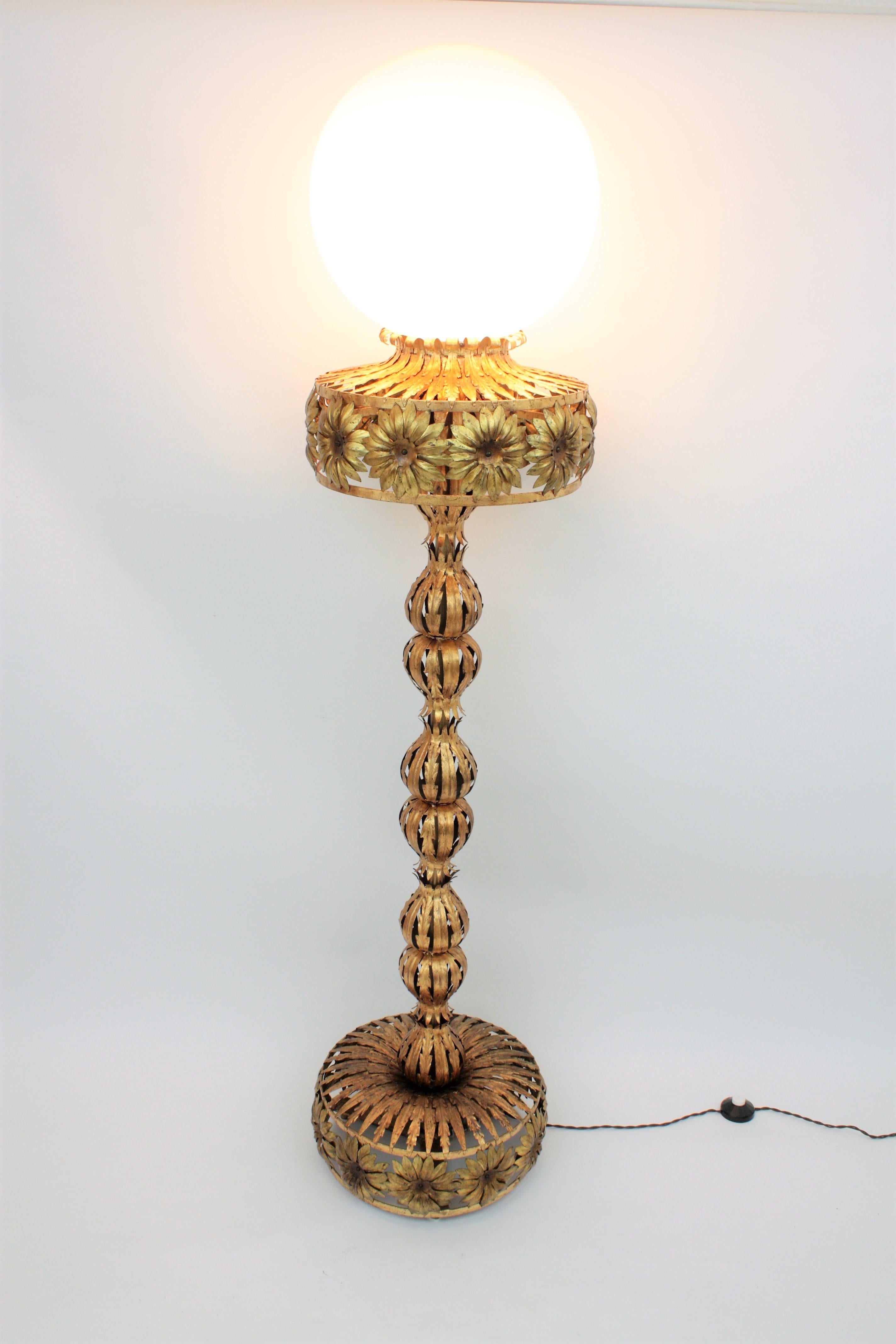 Maison Jansen Style Floral Foliage Globe Floor Lamp, Gilt Iron and Milk Glass For Sale 2