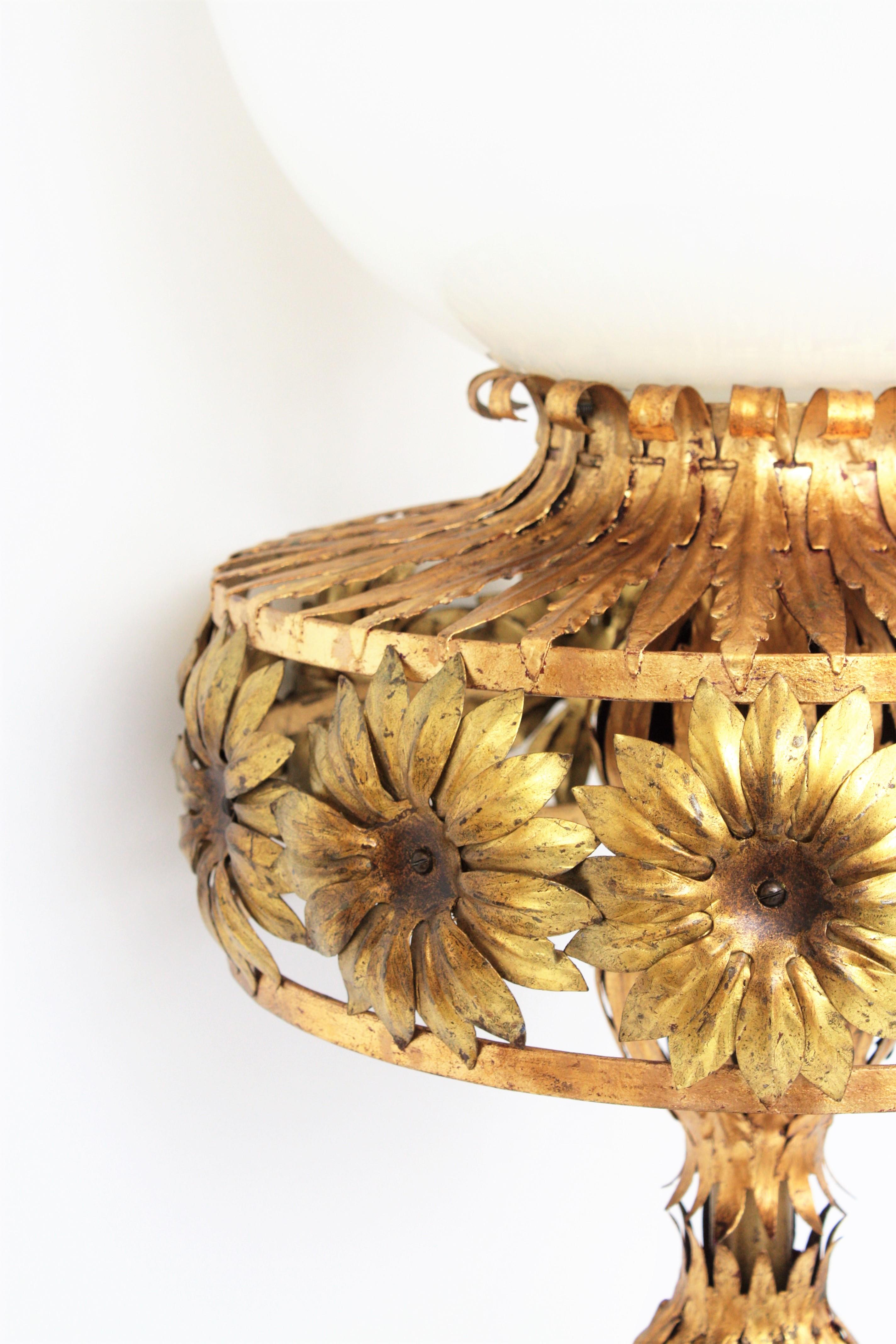 Mid-Century Modern Large Maison Jansen Floral Foliage in Gilt Iron with XL Milk Glass Globe, 1950s For Sale