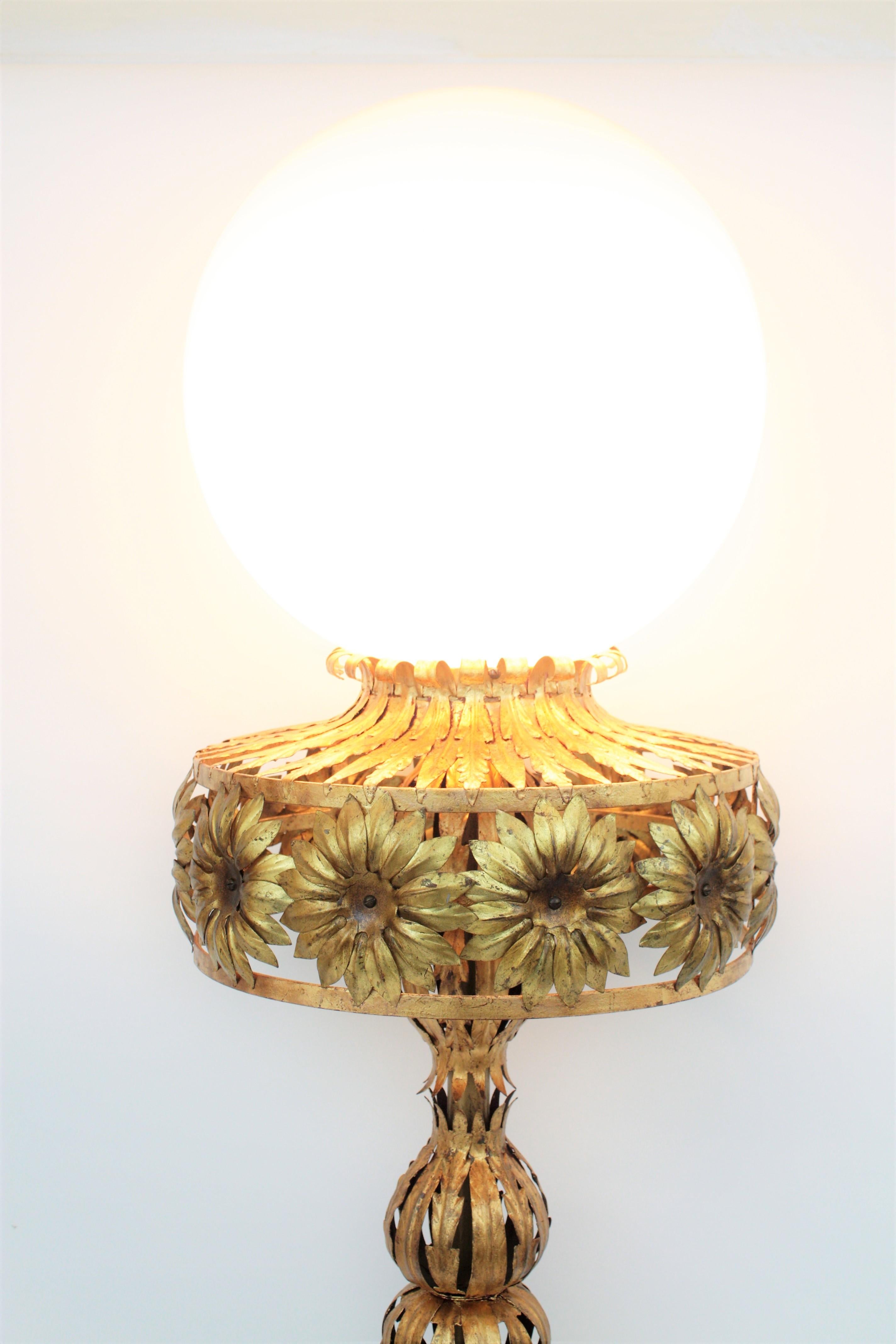 French Maison Jansen Style Floral Foliage Globe Floor Lamp, Gilt Iron and Milk Glass For Sale