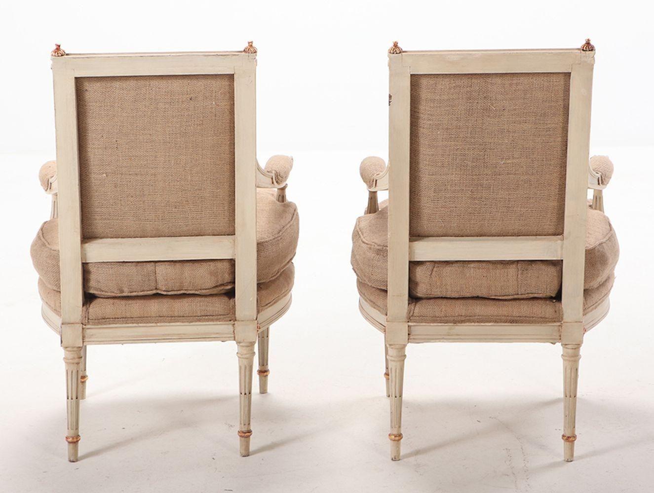 Maison Jansen Style, French Louis XVI, Arm Chairs, Giltwood, White Paint, Burlap For Sale 5