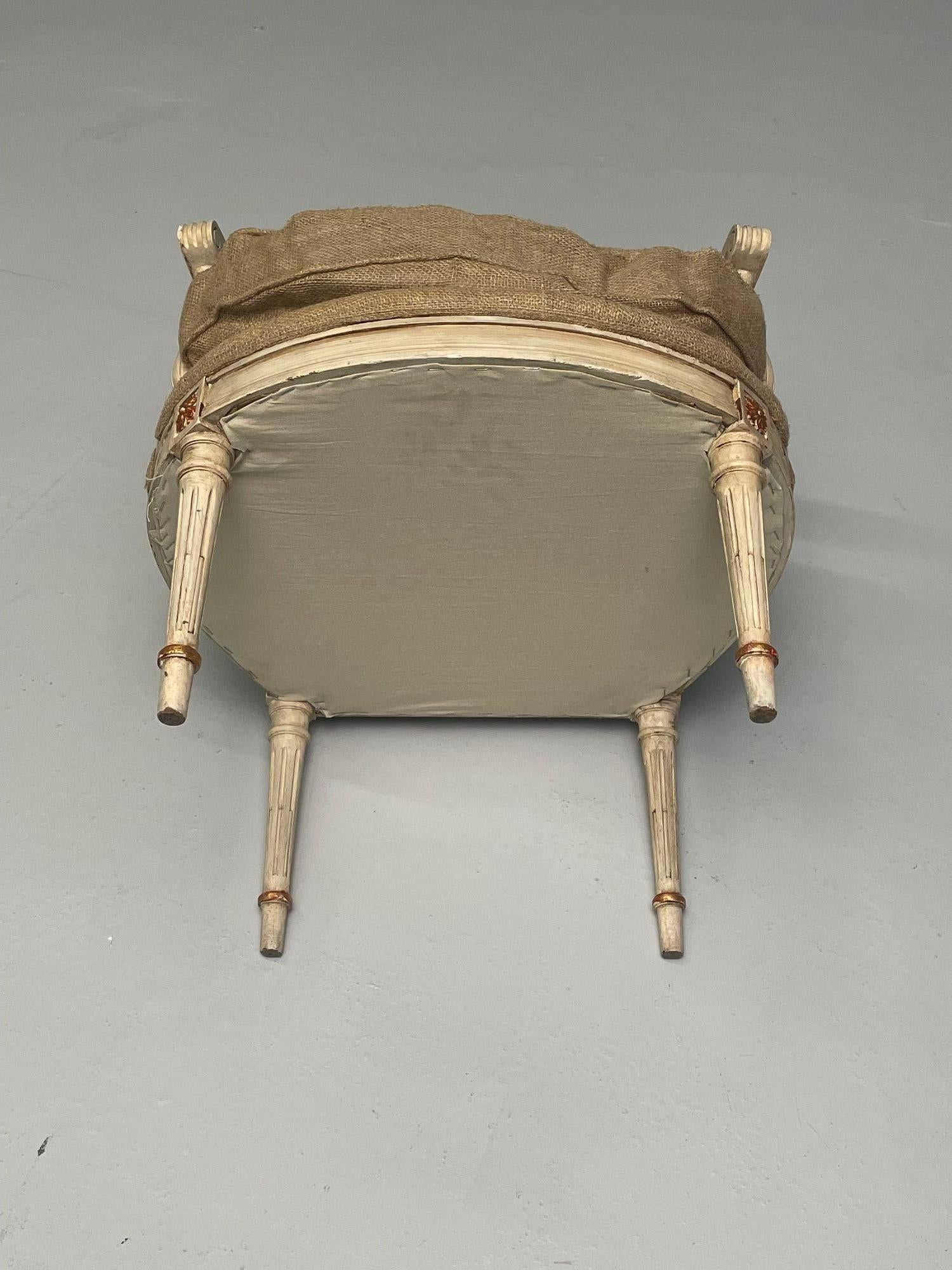 Maison Jansen Style, French Louis XVI, Arm Chairs, Giltwood, White Paint, Burlap For Sale 6