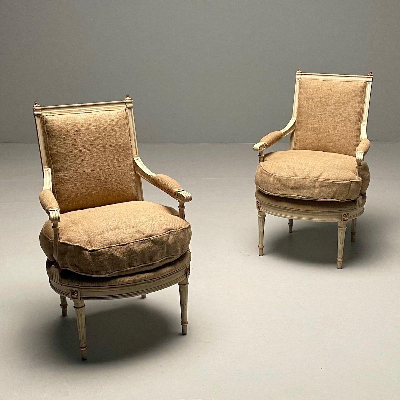 European Maison Jansen Style, French Louis XVI, Arm Chairs, Giltwood, White Paint, Burlap For Sale