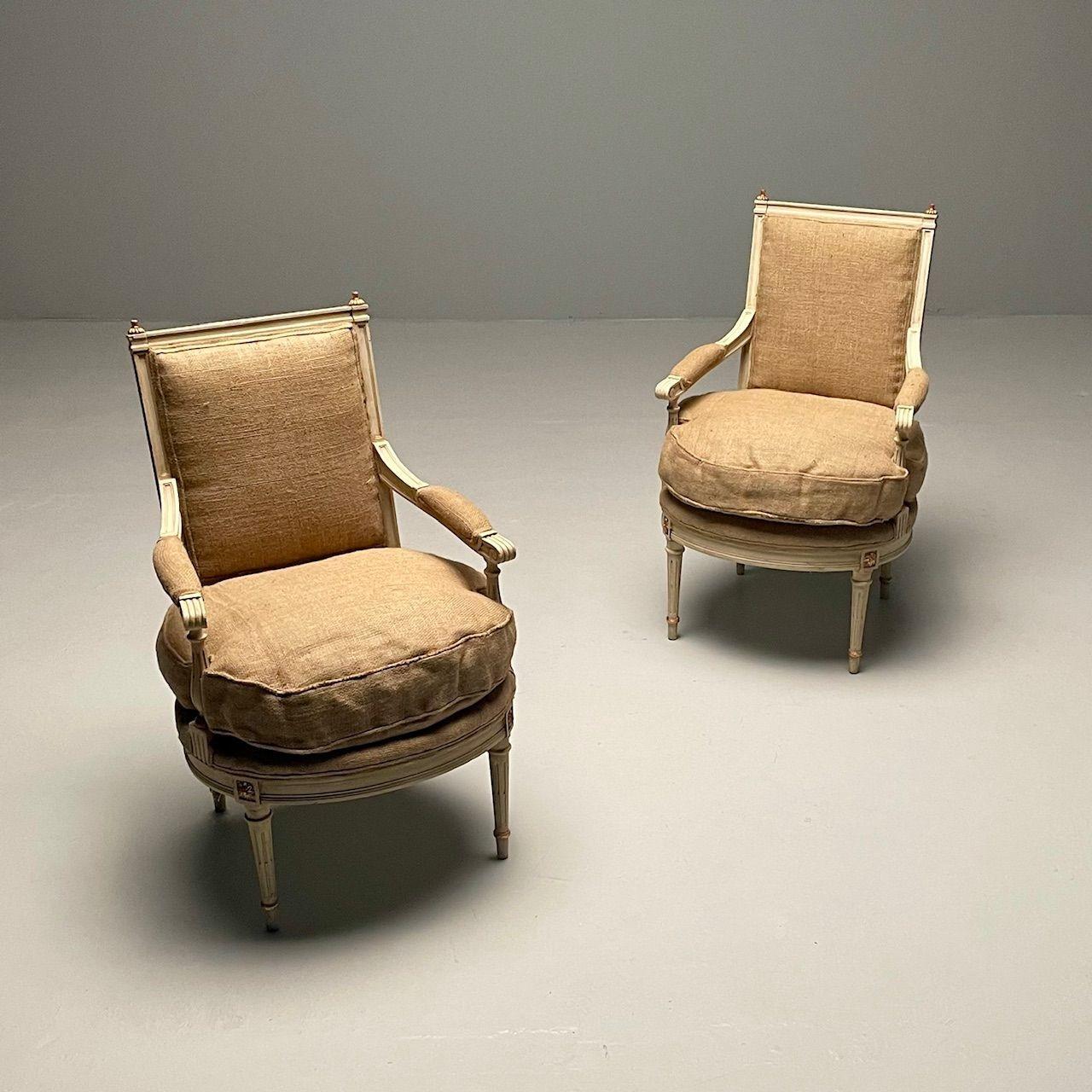 Maison Jansen Style, French Louis XVI, Arm Chairs, Giltwood, White Paint, Burlap In Good Condition For Sale In Stamford, CT