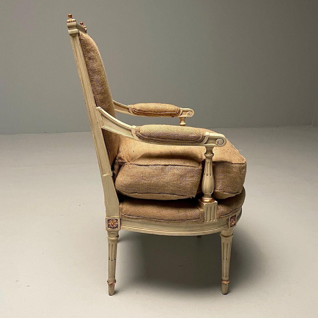 Maison Jansen Style, French Louis XVI, Arm Chairs, Giltwood, White Paint, Burlap For Sale 1