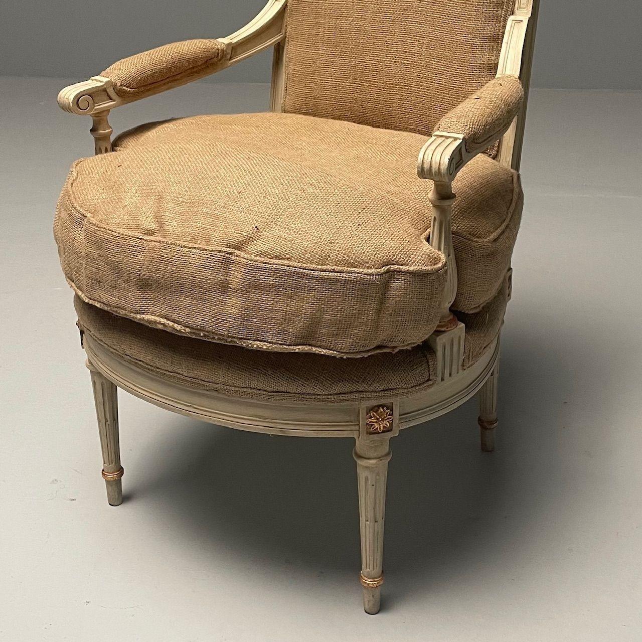 Maison Jansen Style, French Louis XVI, Arm Chairs, Giltwood, White Paint, Burlap For Sale 3