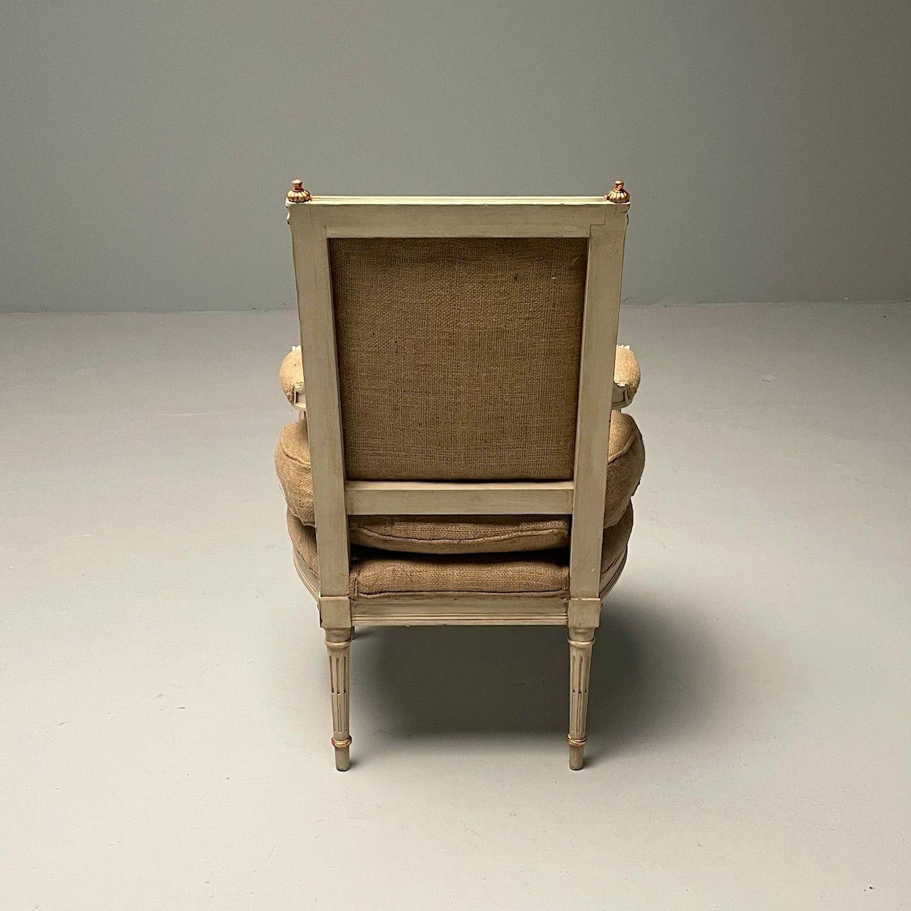 Maison Jansen Style, French Louis XVI, Arm Chairs, Giltwood, White Paint, Burlap For Sale 4