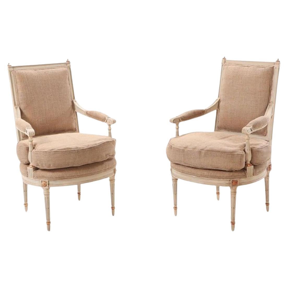 Maison Jansen Style, French Louis XVI, Arm Chairs, Giltwood, White Paint, Burlap For Sale