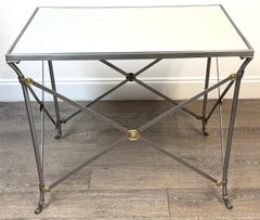 Maison Jansen Style French Neoclassical Steel & Brass Mirrored Gueridon Table