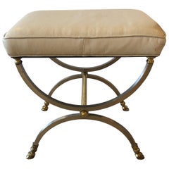 Maison Jansen Style French Steel and Brass Ottoman Bench with Soft Leather Top