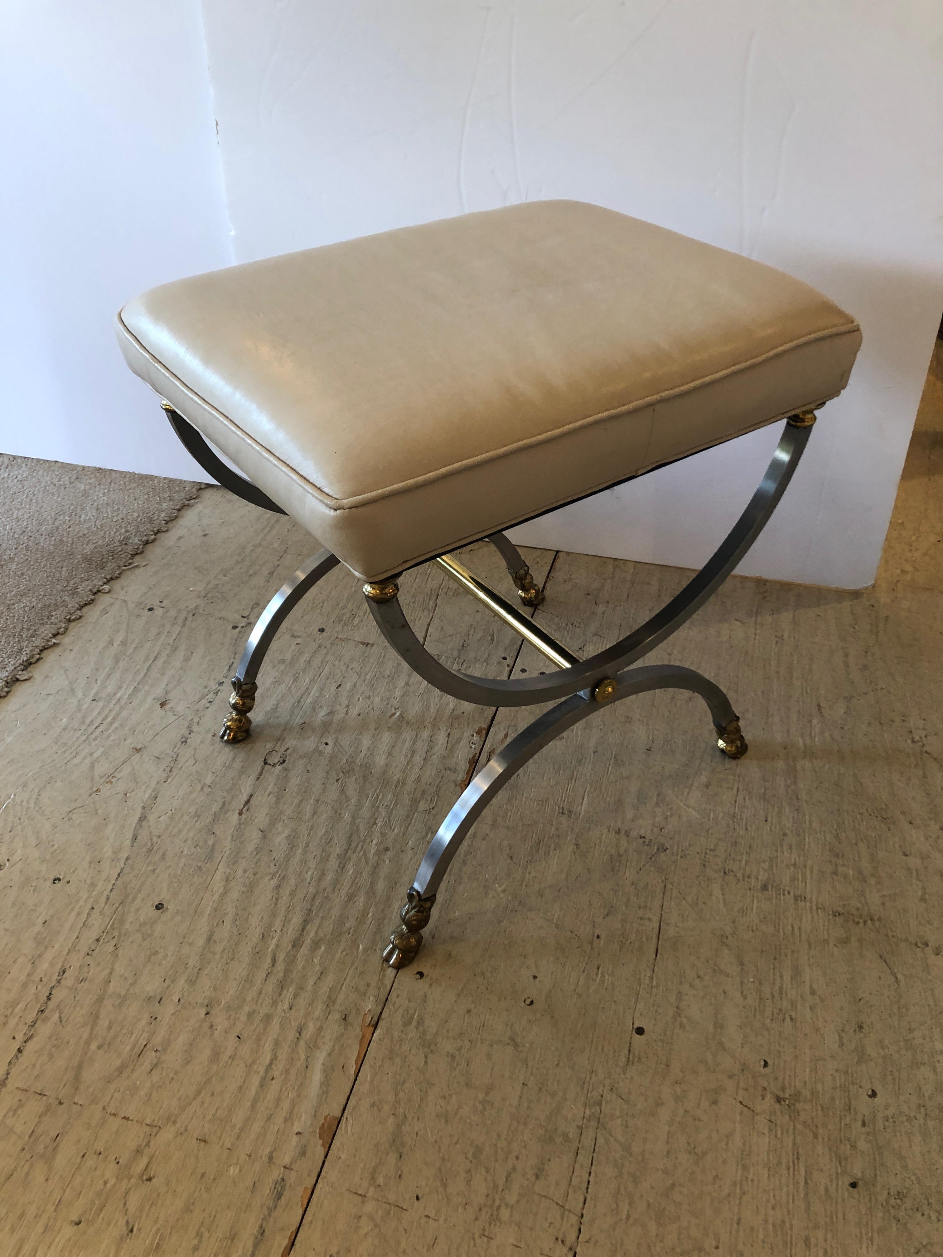 Mid-Century Modern Maison Jansen Style French Steel and Brass Ottoman Bench with Soft Leather Top
