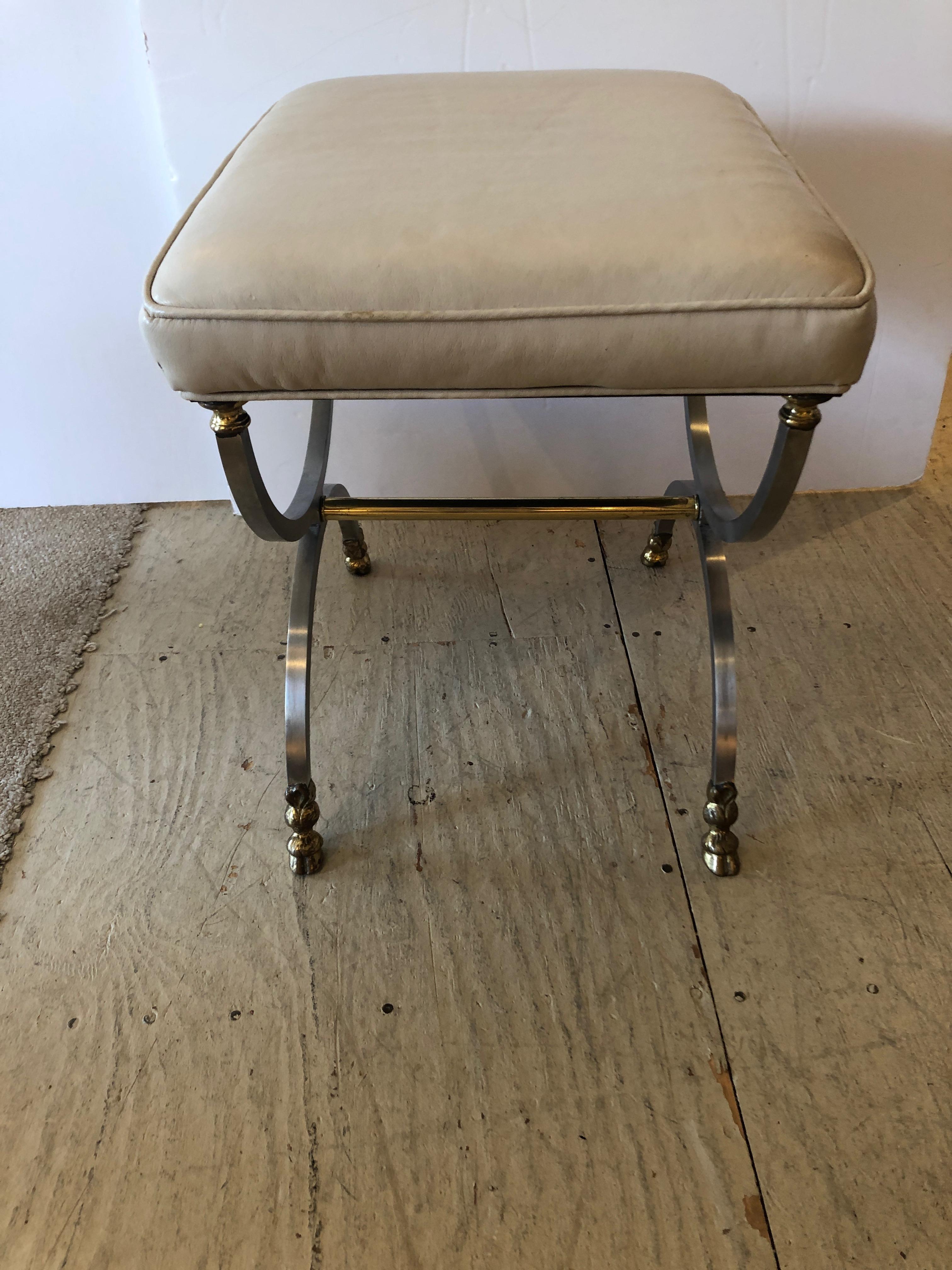 Mid-20th Century Maison Jansen Style French Steel and Brass Ottoman Bench with Soft Leather Top