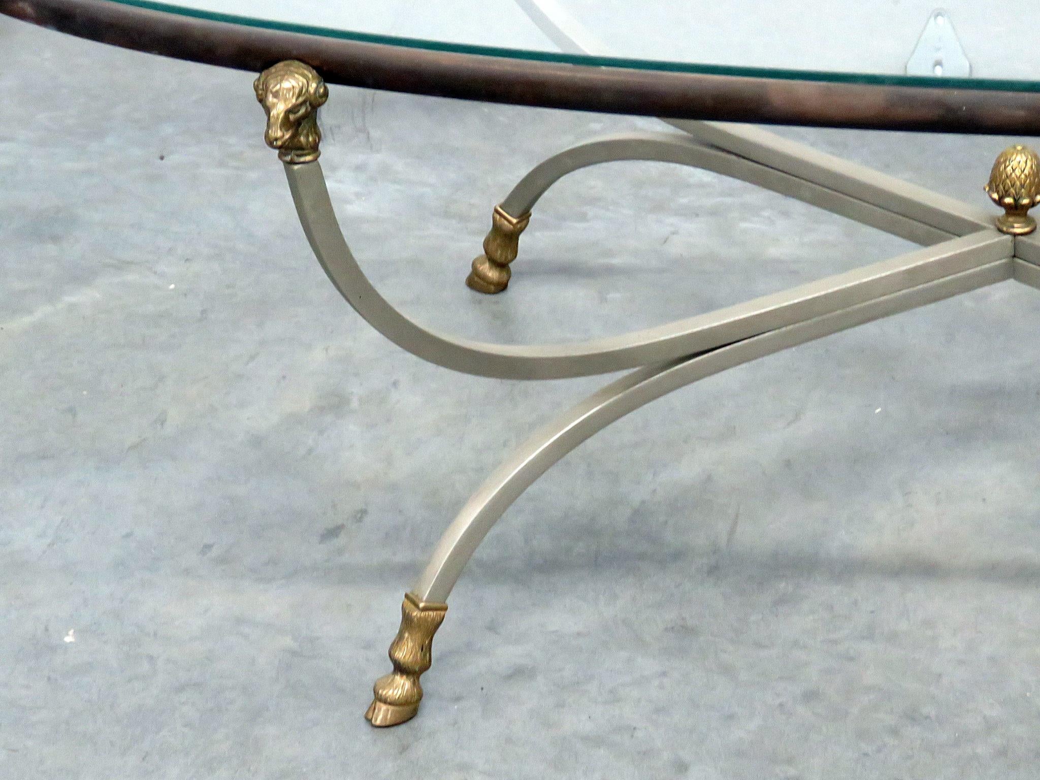 Regency Maison Jansen Rams Head Brass and Steel Style Glass Top Coffee Table