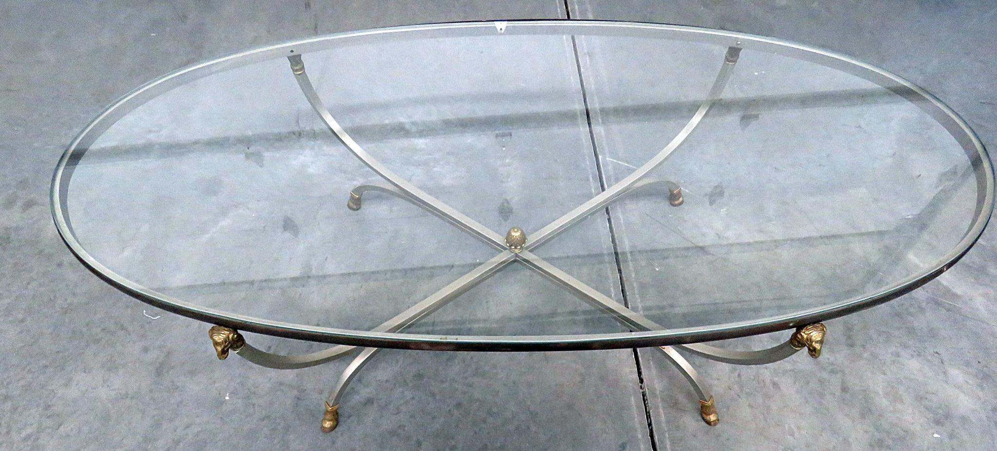 20th Century Maison Jansen Rams Head Brass and Steel Style Glass Top Coffee Table