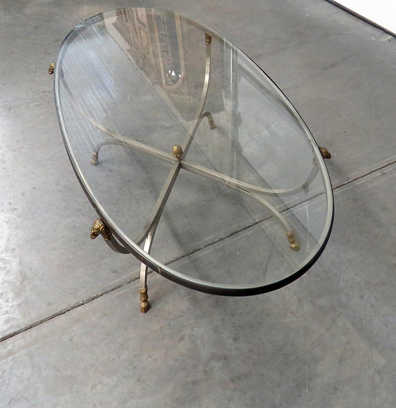 Bronze Maison Jansen Rams Head Brass and Steel Style Glass Top Coffee Table