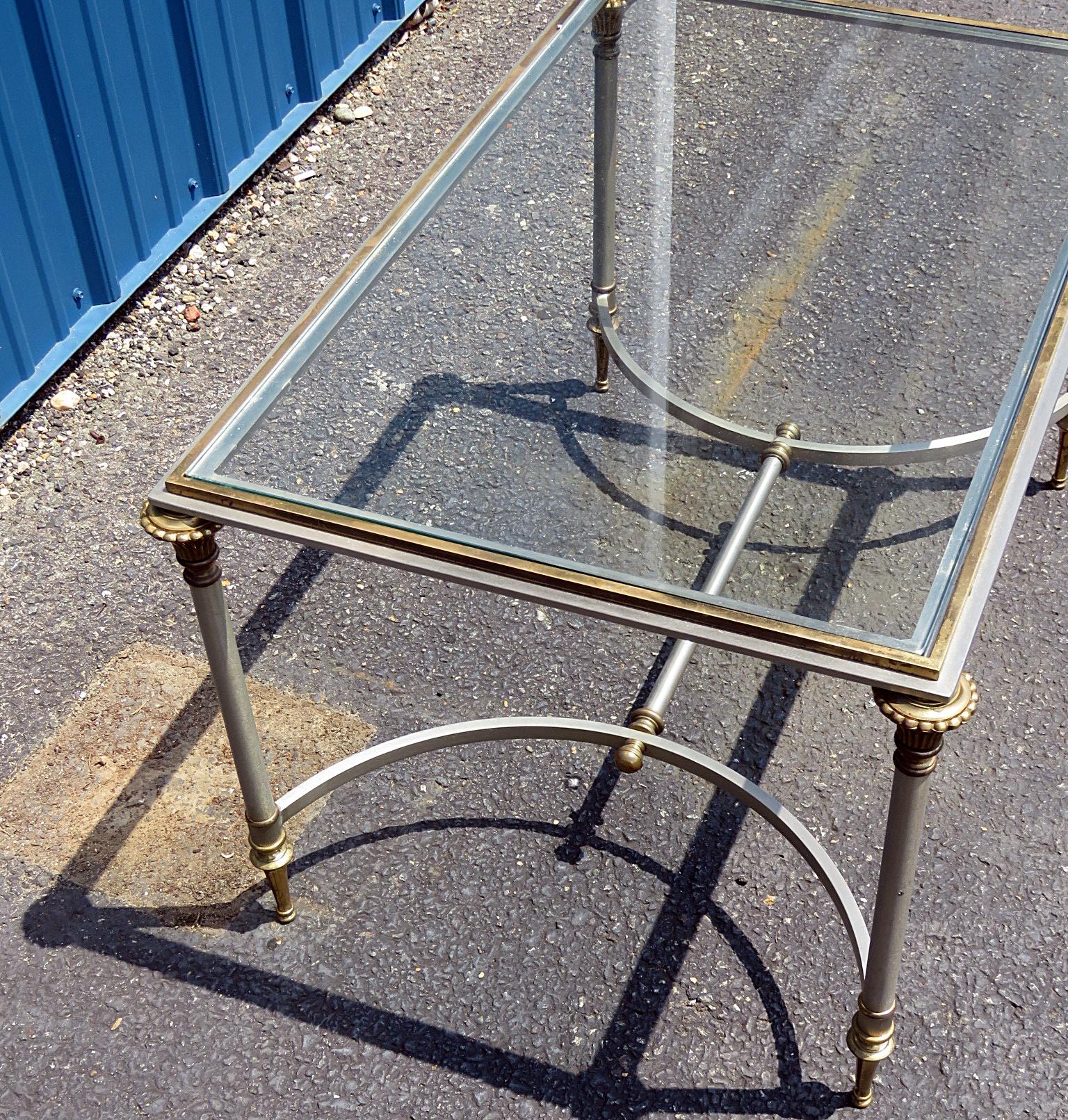 Directoire Apartment Sized Maison Jansen Style Brass Steel and Glass Top Coffee Table