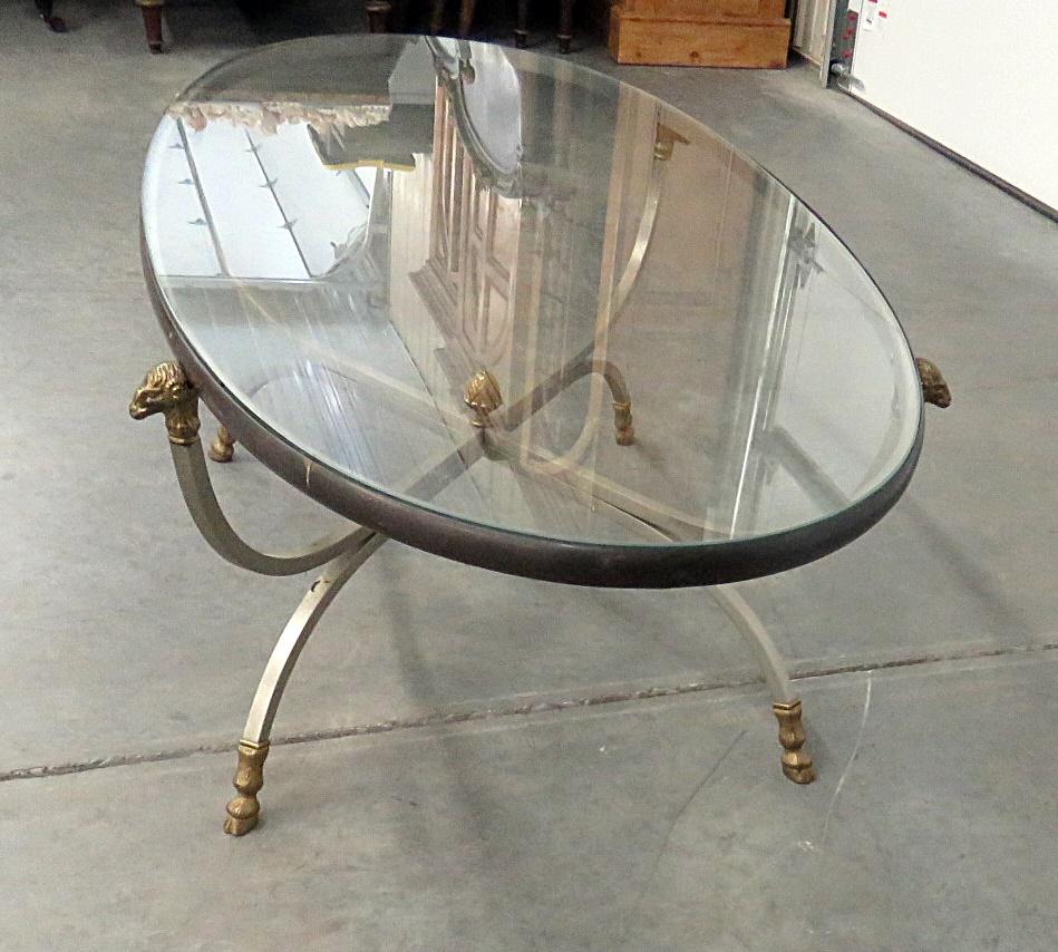 Maison Jansen Rams Head Brass and Steel Style Glass Top Coffee Table 1
