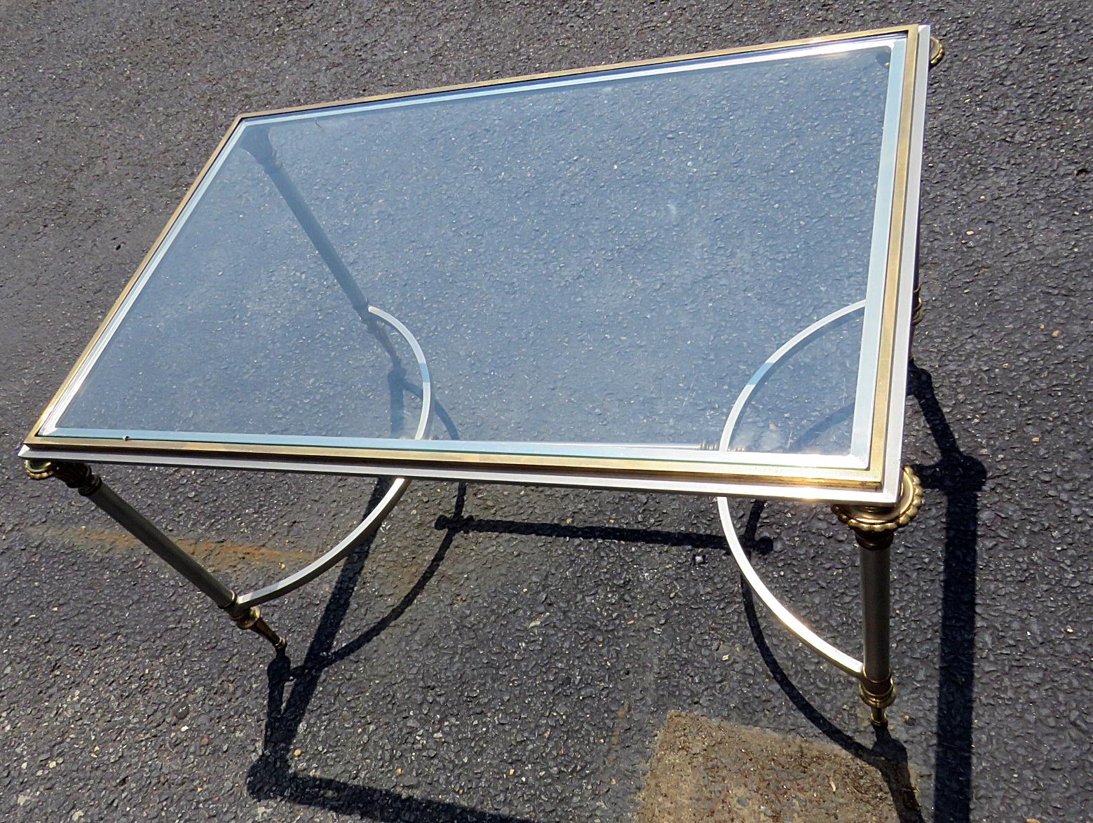 Apartment Sized Maison Jansen Style Brass Steel and Glass Top Coffee Table 2