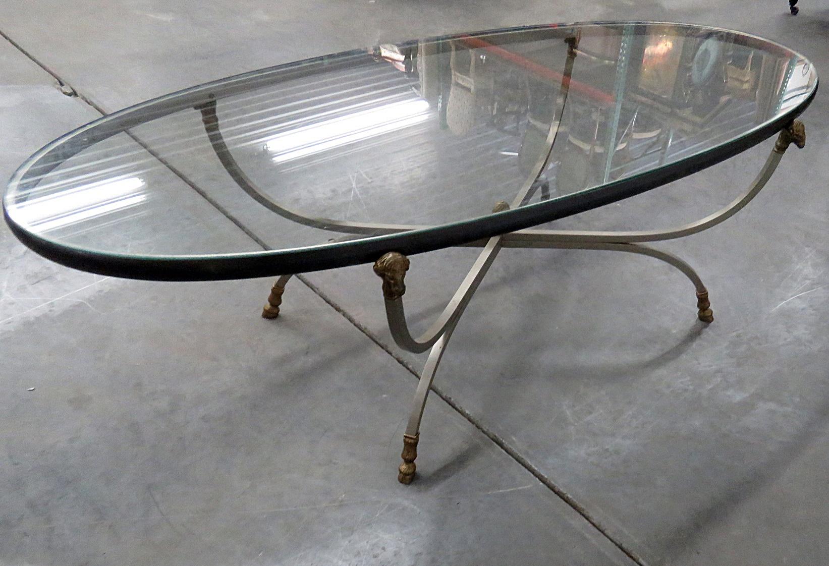 Maison Jansen Rams Head Brass and Steel Style Glass Top Coffee Table 2