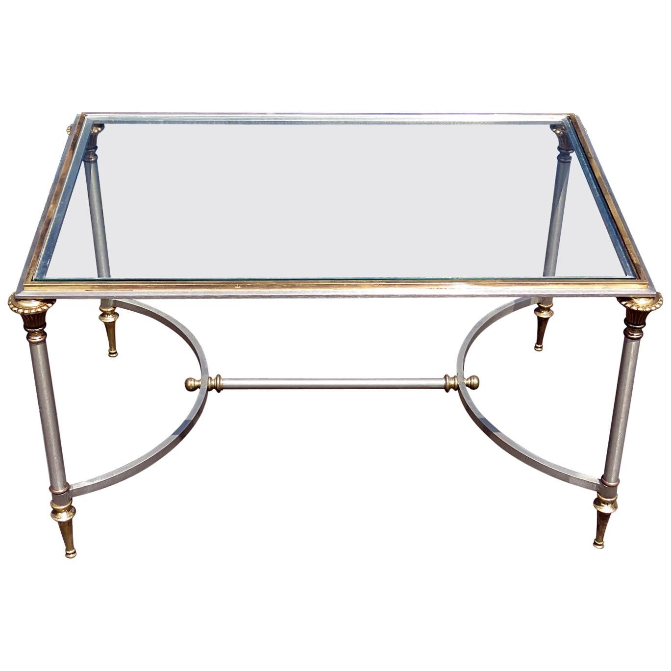 Apartment Sized Maison Jansen Style Brass Steel and Glass Top Coffee Table
