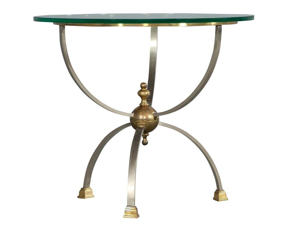Maison Jansen style glass top satin nickel and brass accented parlor end table.