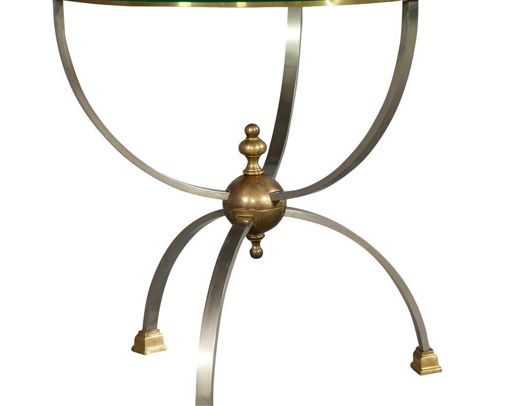Modern Maison Jansen Style Glass Top Satin Nickel and Brass Accented Parlor End Table
