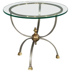 Maison Jansen Style Glass Top Satin Nickel and Brass Accented Parlor End Table