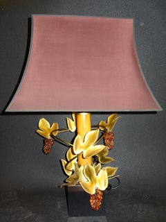 Maison Jansen Style Gold, Wood and Purple Glass "Grape Vines" Table Lamp, 1970s