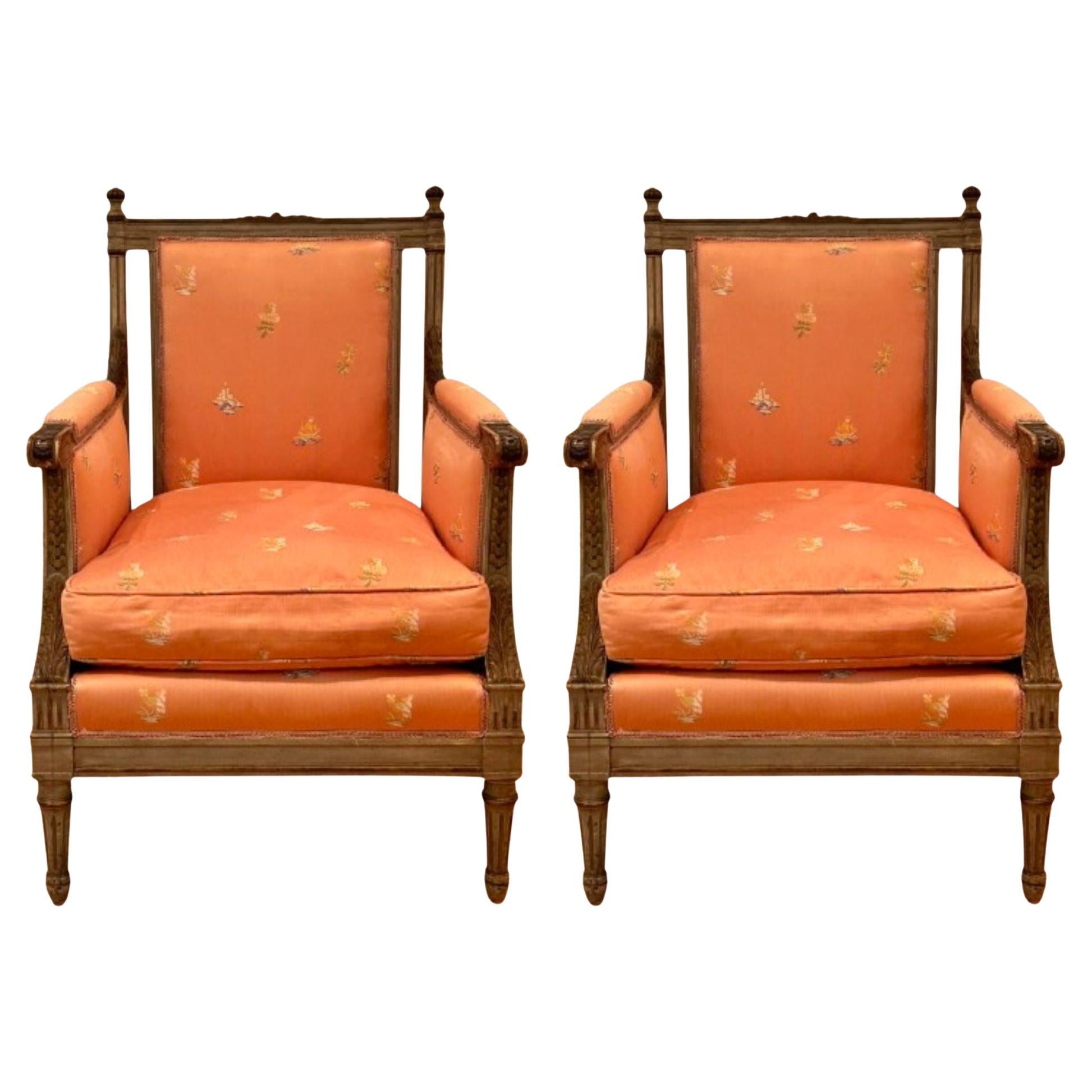 Maison Jansen Style, Gustavian, Louis XVI, Armchairs, Gray Distressed Paint
