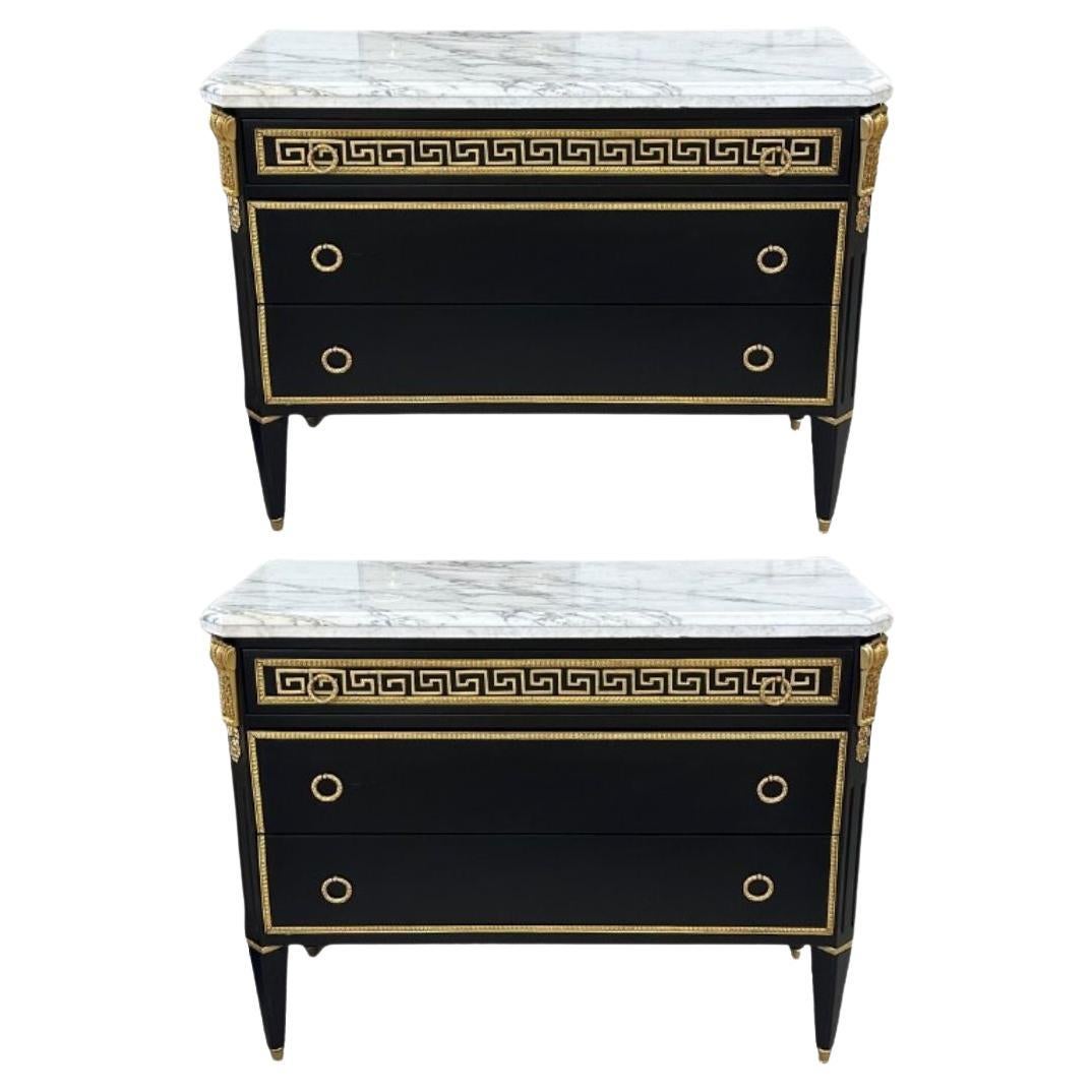 Maison Jansen Style, Hollywood Regency Black Commodes, Greek Key, Marble, Bronze