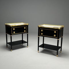 Maison Jansen Style, Hollywood Regency, Brass, Marble, Ebonized Nightstands