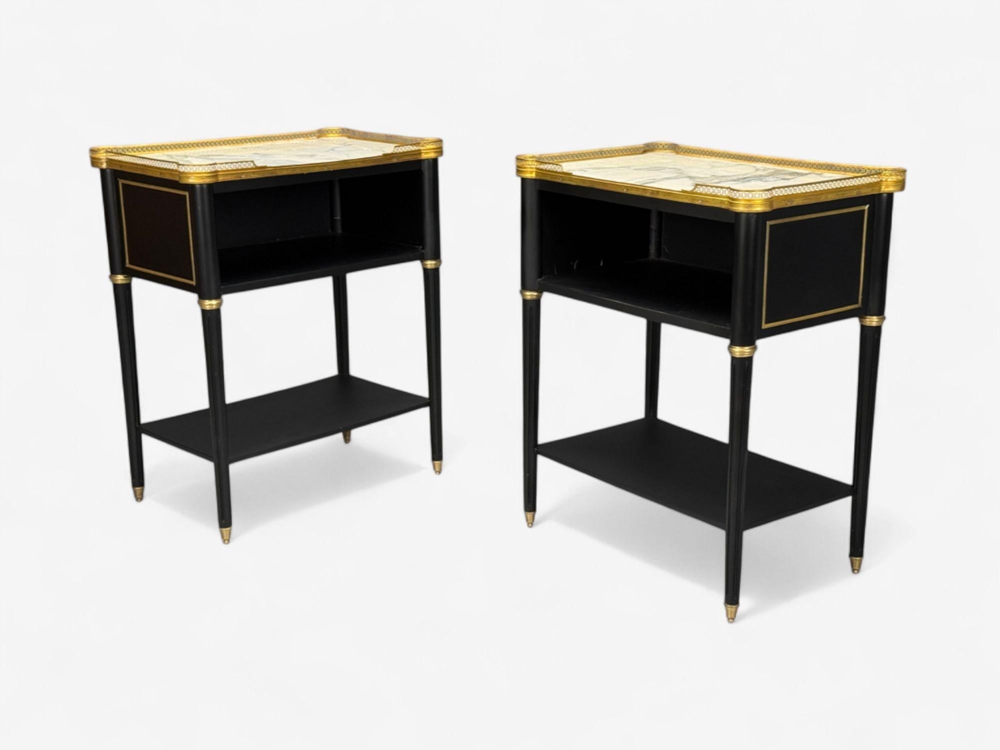 Maison Jansen Style, Louis XVI Style, Hollywood Regency, Brass, Marble, Ebonized Open Nightstands, 20th c.

Pair of ebony neoclassical open nightstands or end tables in the manner of Maison Jansen. These finely crafted open end tables are simply