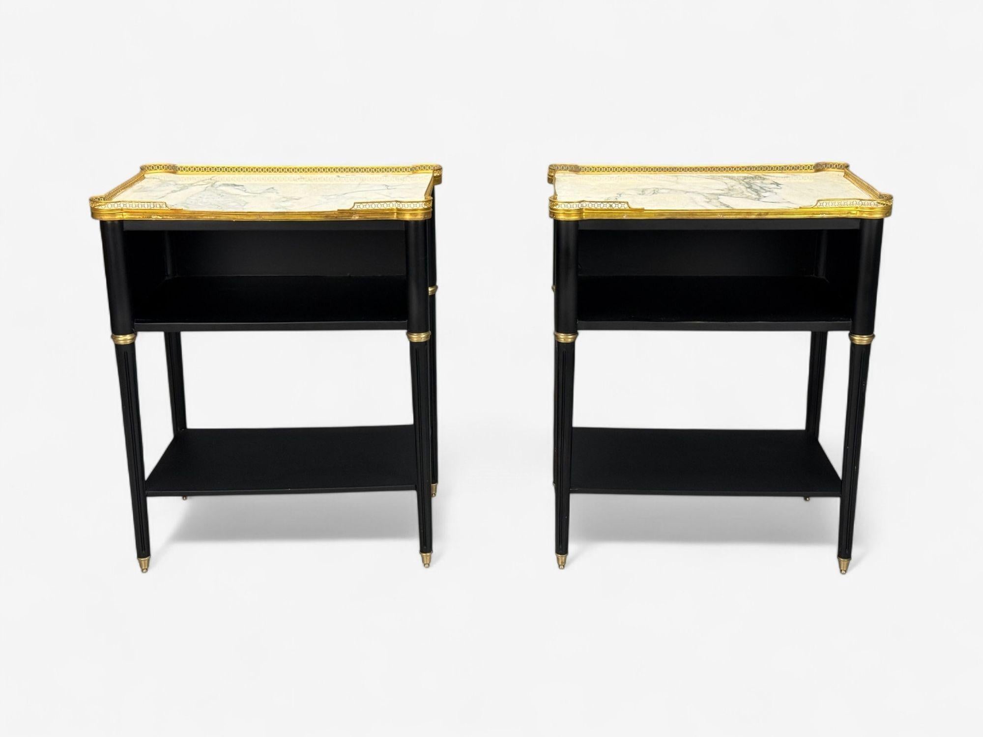 Maison Jansen Style, Hollywood Regency, Brass, Marble, Ebonized Open Nightstands In Good Condition For Sale In Manhasset, NY