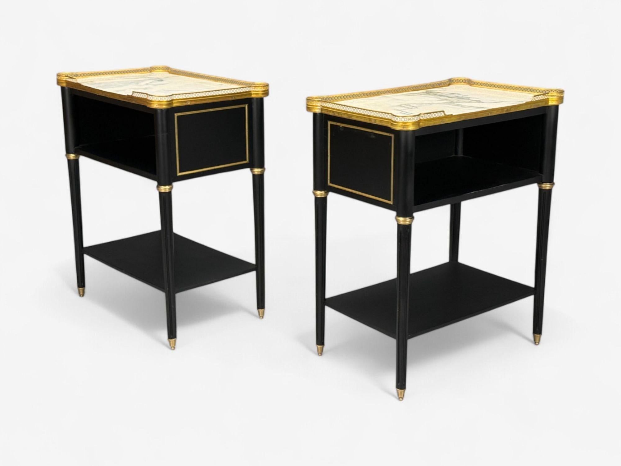 20th Century Maison Jansen Style, Hollywood Regency, Brass, Marble, Ebonized Open Nightstands For Sale