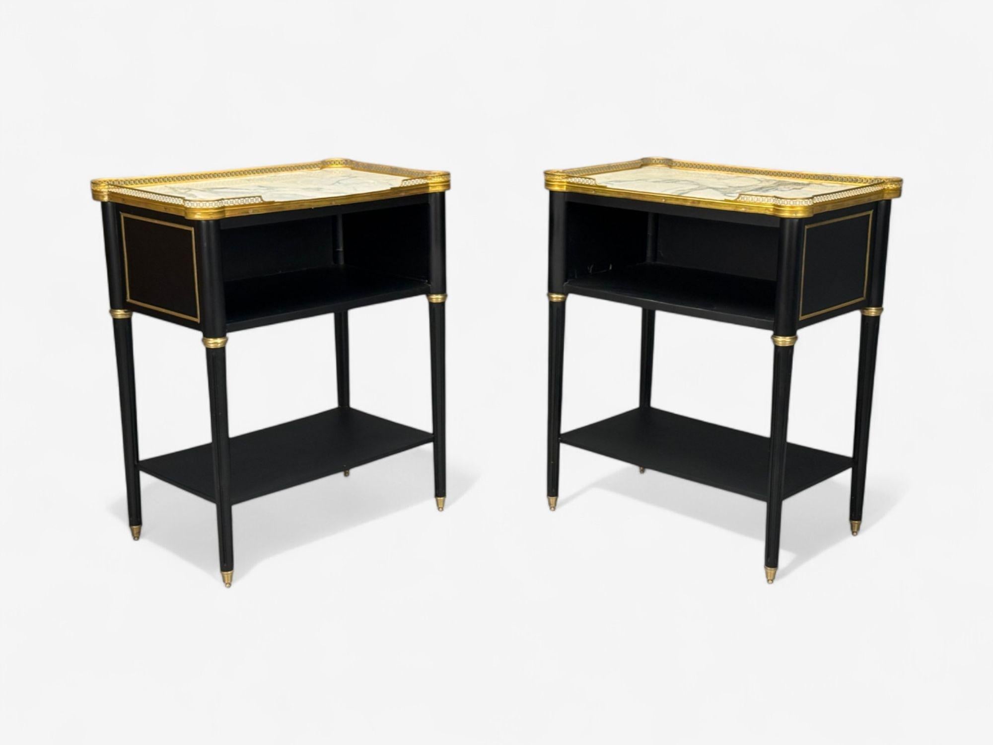 Maison Jansen Style, Hollywood Regency, Brass, Marble, Ebonized Open Nightstands For Sale 1