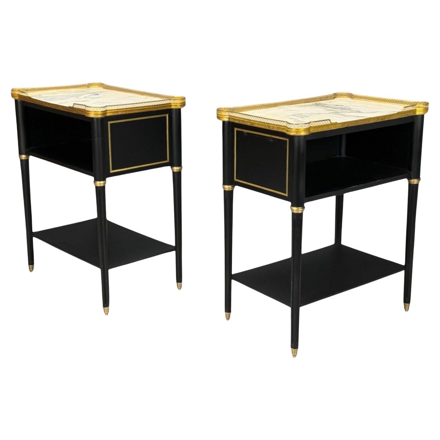Maison Jansen Style, Hollywood Regency, Brass, Marble, Ebonized Open Nightstands For Sale