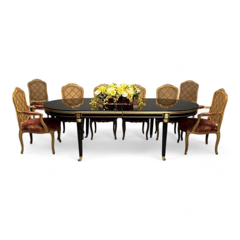 Louis XVI Maison Jansen Style, Hollywood Regency, Table de salle à manger, Laque noire, Bronze en vente