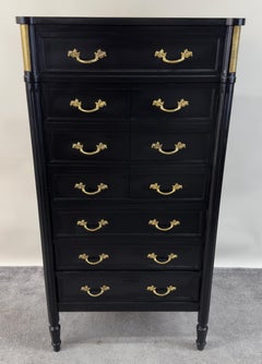 Maison Jansen Style Hollywood Regency Ebony & Brass Two-Door Bar and Tall Chest
