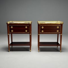 Maison Jansen Style, Hollywood Regency, Mahogany, Marble, Brass, Nightstands