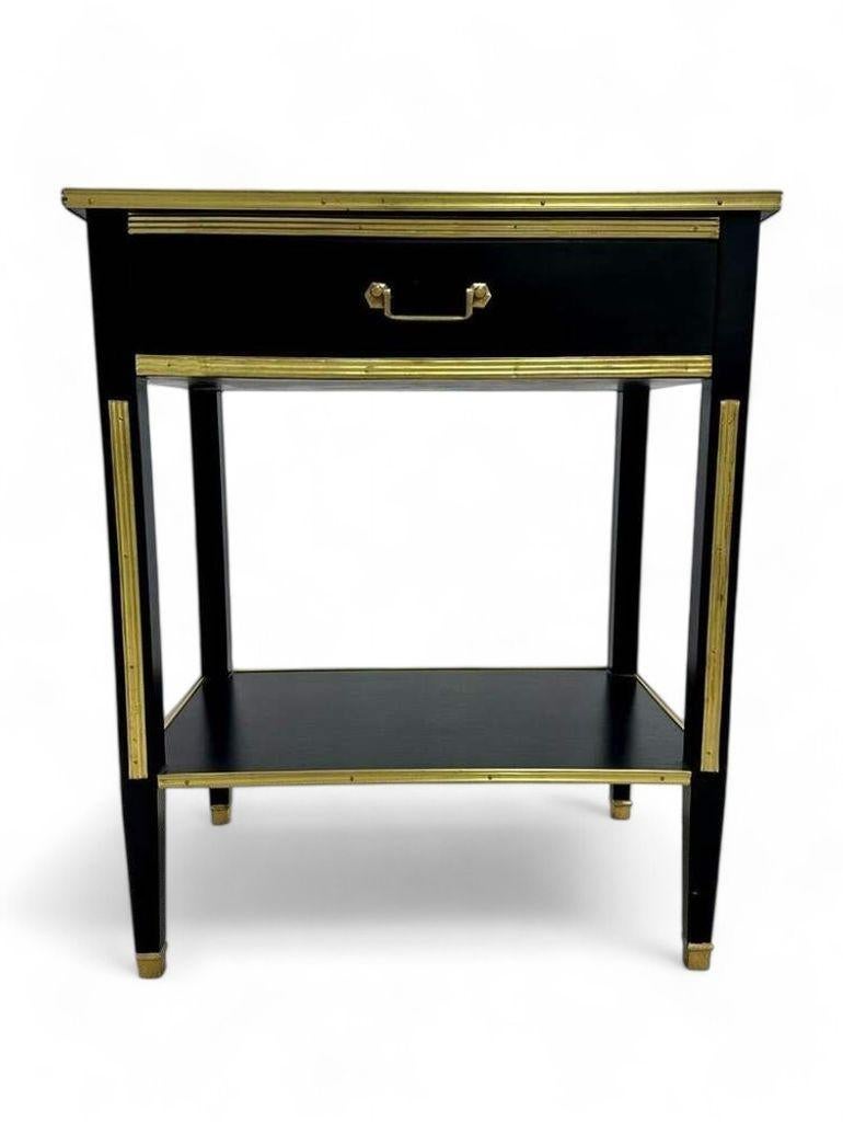 French Maison Jansen Style, Hollywood Regency, Nightstands, Black Painted Wood, Brass For Sale