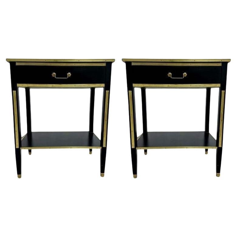 Maison Jansen Style, Hollywood Regency, Nightstands, Black Painted Wood, Brass