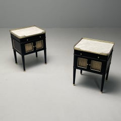 Maison Jansen Style, Hollywood Regency, Nightstands, Ebonized Oak, Marble, 1970s