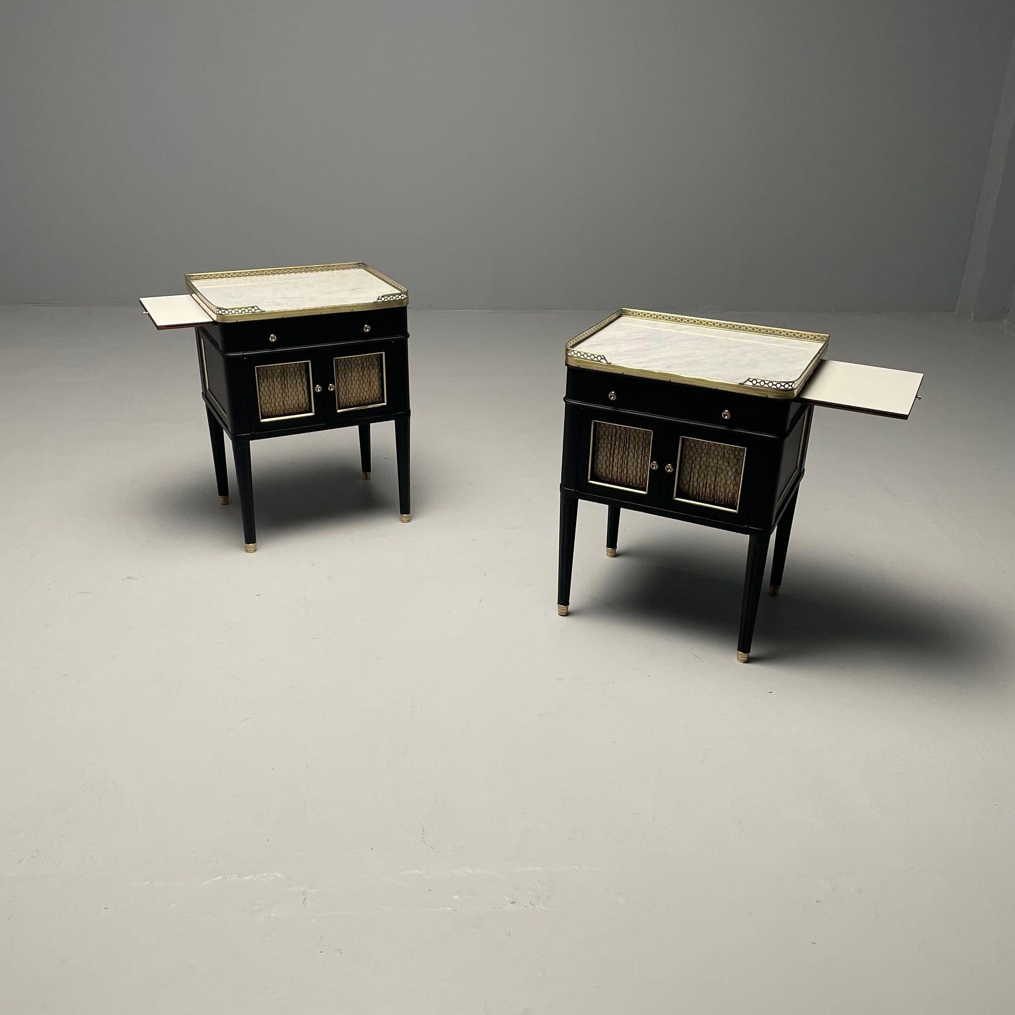 Maison Jansen Style, Hollywood Regency, Nightstands, Ebonized Oak, Marble, 1970s In Distressed Condition For Sale In Stamford, CT